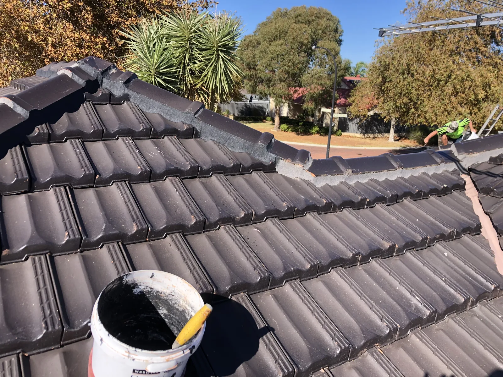 Freshly repointed charcoal ridge caps on a Perth tile roof