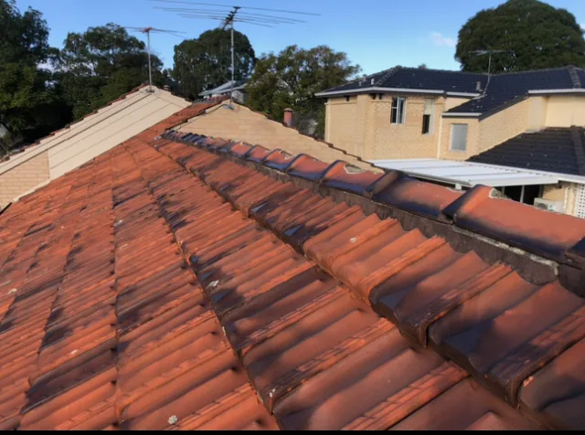 Terracotta roof with old, weathered ridge cap pointing